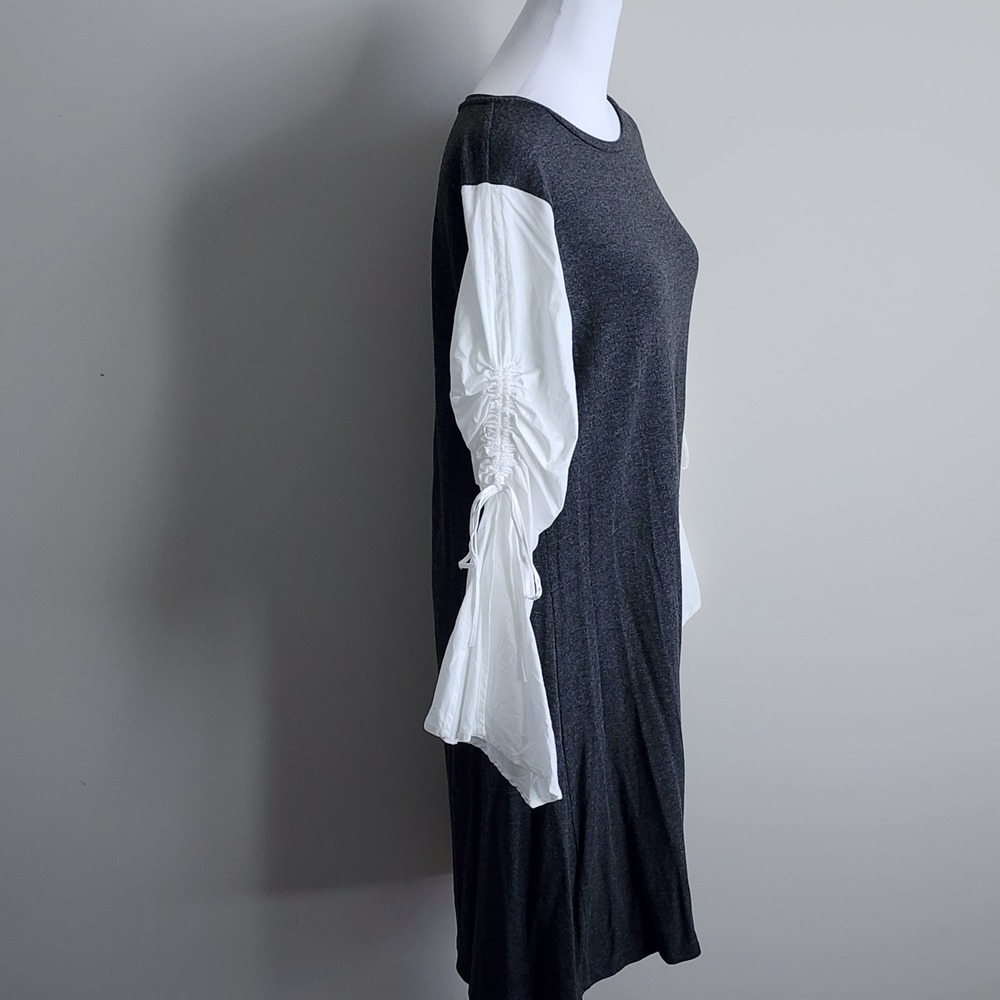 Shift Dress Womens Large Gray White Ruched Bell Sleeve Peasant Prairie Cottage - Picture 3 of 14